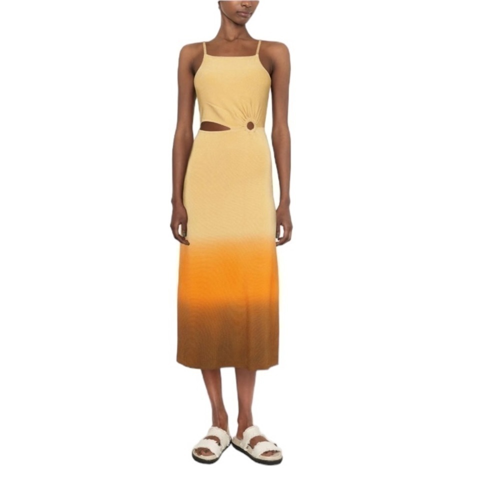 Sandro Sizzing Gradient Ombré Cutout Asymmetric MIDI Dress Tan Org  Sz 34 #906